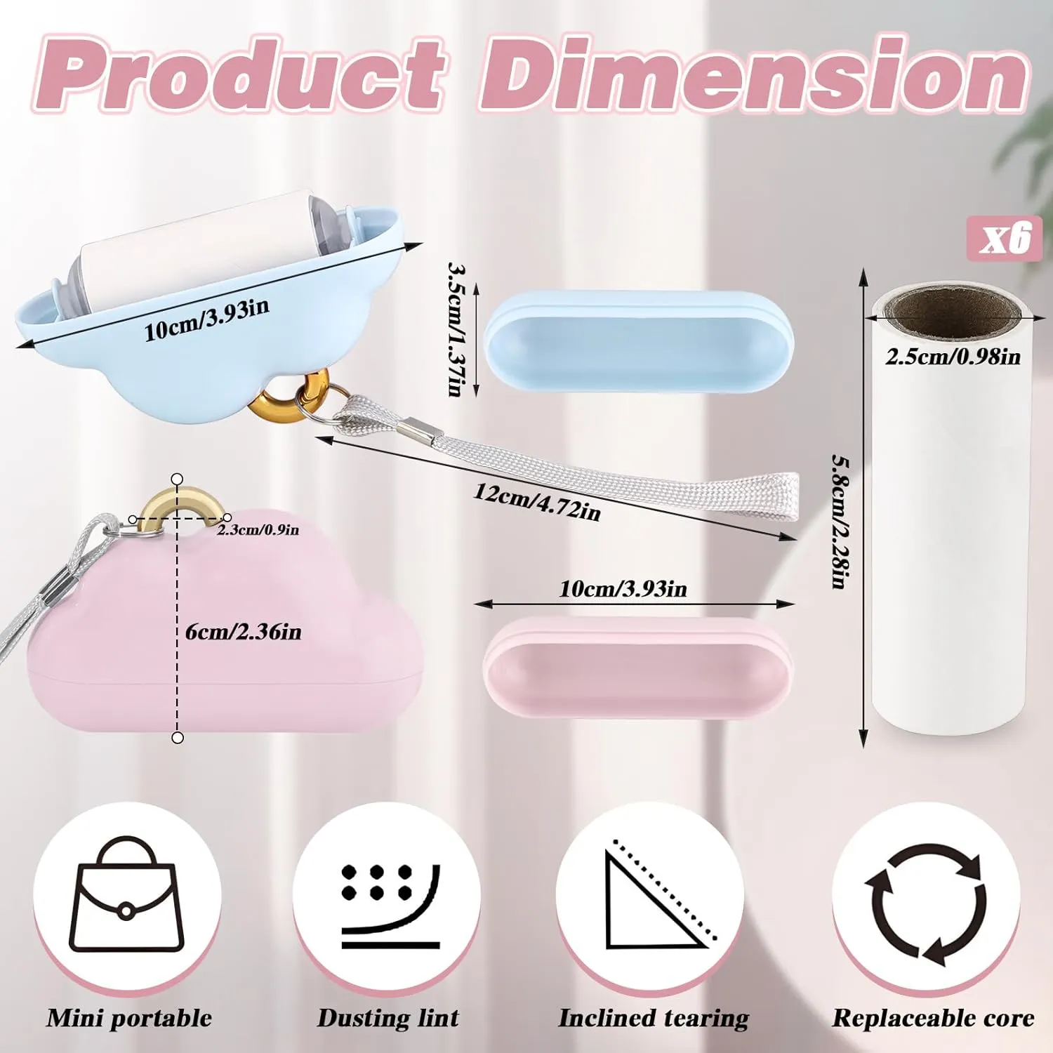 2 Pack Travel Portable Lint Roller with Hand Strap, Reusable Mini Lint Rollers with 6 Refill, Lint Remover for Clothes Bag (Blue Pink)