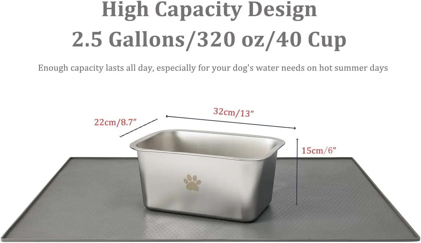 2.5 Gallons 40 Cup Non Slip Stainless Steel Large Dog Water Bowls, Outdoor Metal Dog Bowls Extra Large Breed, High Capacity Water Bowl for Big Giant Huge Dogs, Silver
