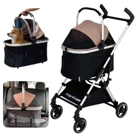 3 in 1 Small Pet Stroller BRIGHTCARE for Small Dogs and Cats Cat Stroller w/Removable Carrier Convert to Pet Car Seat One Hand Fold Lightweight No Zipper Entry