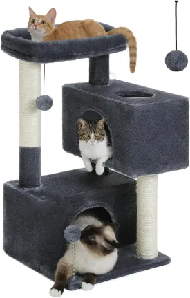 31.5" Cat Tree Tower for Indoor Cats - 2 Cozy Condos, Multi-Level Cat Scratching Posts with Sisal, Soft Padded Perch, 2 Dangling Toys, Dark Grey