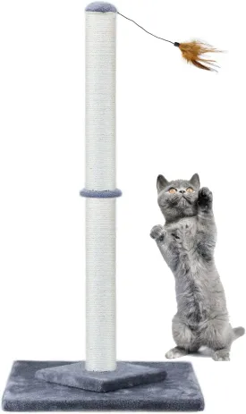 34" Tall Cat Scratching Post Double Base and Reinforcement Design Anti tilt,Sisal Scratch Posts Trees with Feather Toys for Indoor Cats(Gray)