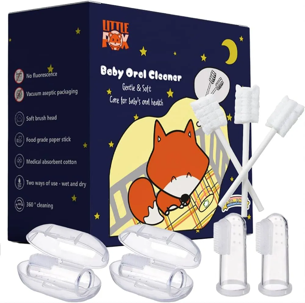 [60 Pcs] Little Fox Baby Oral Cleaner  2 Pcs Finger Toothbrush with Cases, Baby Tongue Cleaner, Newborn Toothbrush, Disposable Tongue and Gum Cleaner, Infant Oral Care and Cleaning for 0-36 Month Baby