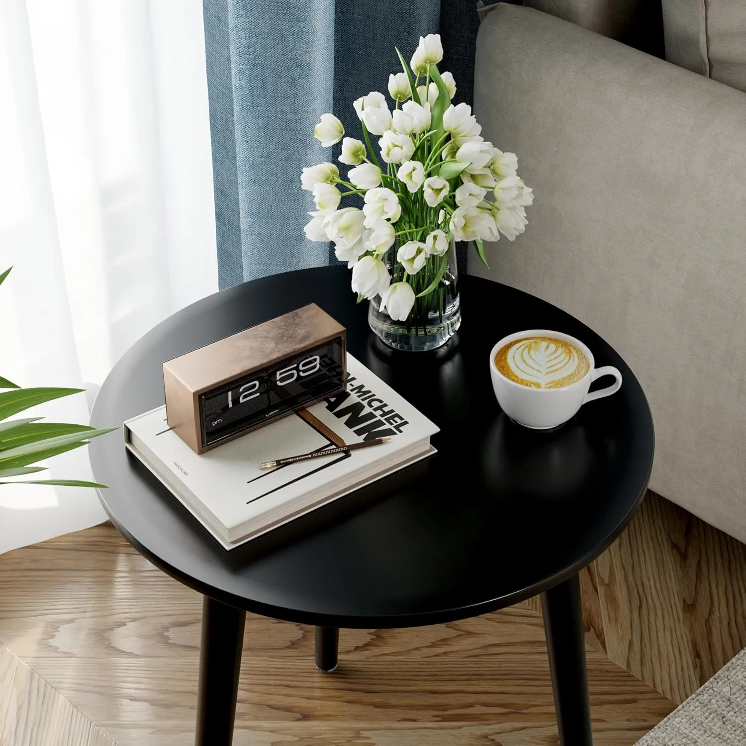 Apicizon Black Round Side Table, Black End Table Bedside Table Nursery with Wood Legs, Nightstand for Living Room, Bedroom, 16.5 x 20.5 Inches