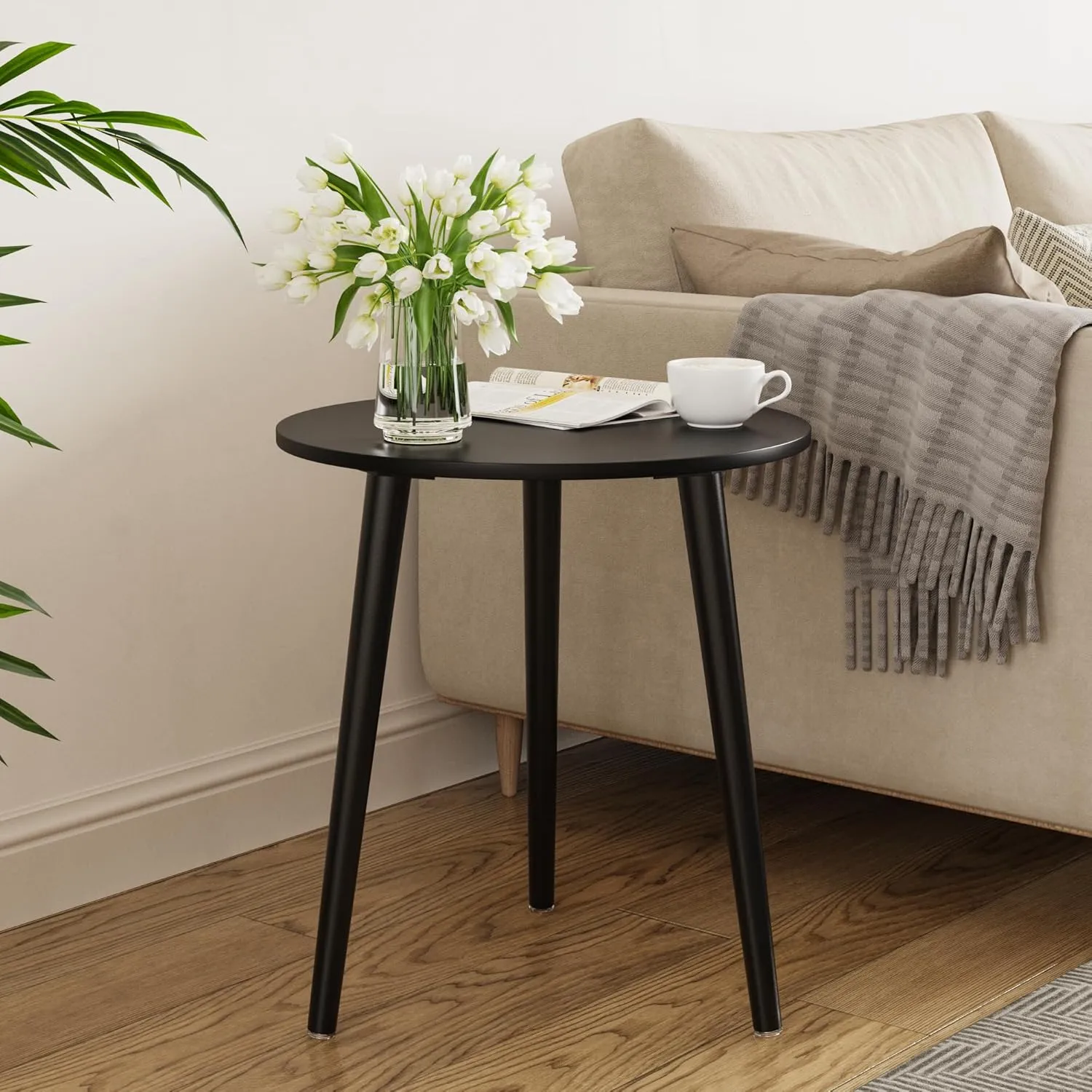 Apicizon Black Round Side Table, Black End Table Bedside Table Nursery with Wood Legs, Nightstand for Living Room, Bedroom, 16.5 x 20.5 Inches