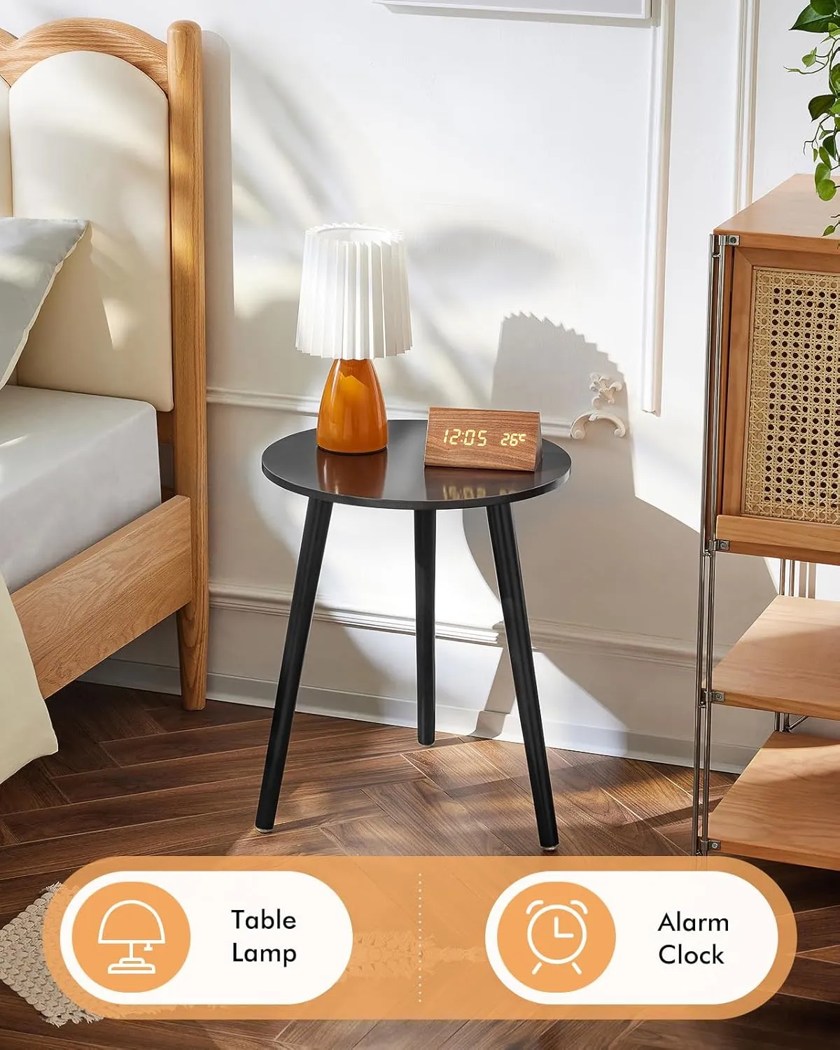 Apicizon Black Round Side Table, Black End Table Bedside Table Nursery with Wood Legs, Nightstand for Living Room, Bedroom, 16.5 x 20.5 Inches