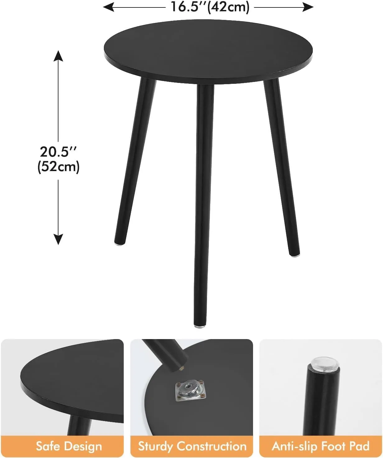 Apicizon Black Round Side Table, Black End Table Bedside Table Nursery with Wood Legs, Nightstand for Living Room, Bedroom, 16.5 x 20.5 Inches