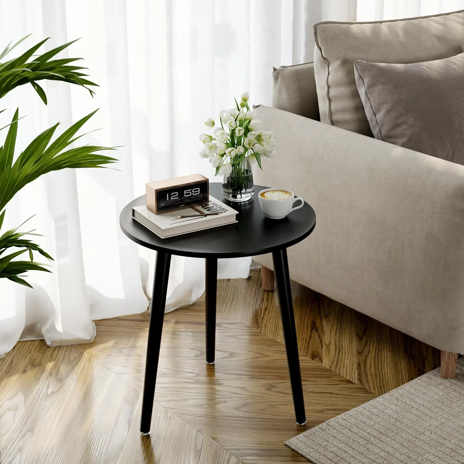 Apicizon Black Round Side Table, Black End Table Bedside Table Nursery with Wood Legs, Nightstand for Living Room, Bedroom, 16.5 x 20.5 Inches