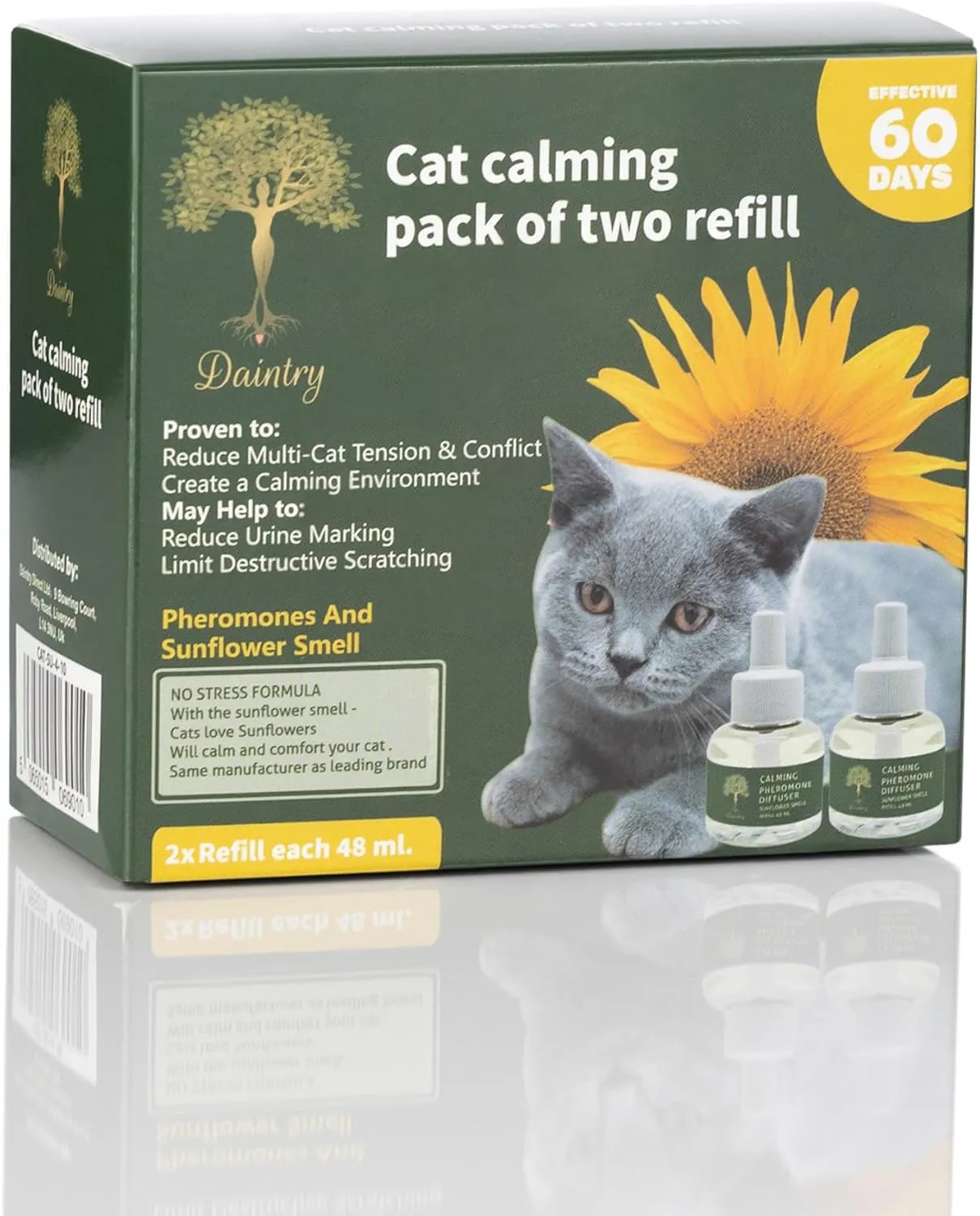 Cat Calming Diffuser with Feline Pheromones, Sunflower Scent, Stress & Anxiety Relief for Cats, 30-Day 2 x 48 ml Refills, Easy Plug-in Solution for Calming. Diffuser not Include