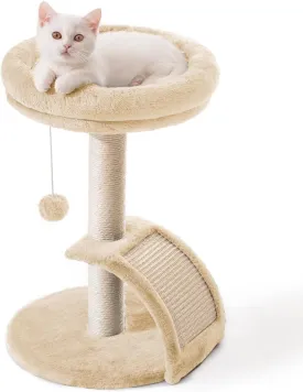 Cat Scratching Post Tower for Indoor Cats, Small Cat Tree Tower with Bed and Hanging Ball Toys, Short Modern Carpet Kitten Scratcher Stand with Large Round Perch and Scratch Ramp (Beige)