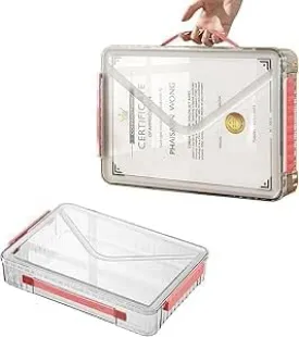 Clear A4 Storage File Box Moisture-Proof Portable Plastic PET Box with Lids Handle & Clasps Stackable Document Storage Organizer Paper Magazines Holder for Home Office School(Red Buckle)
