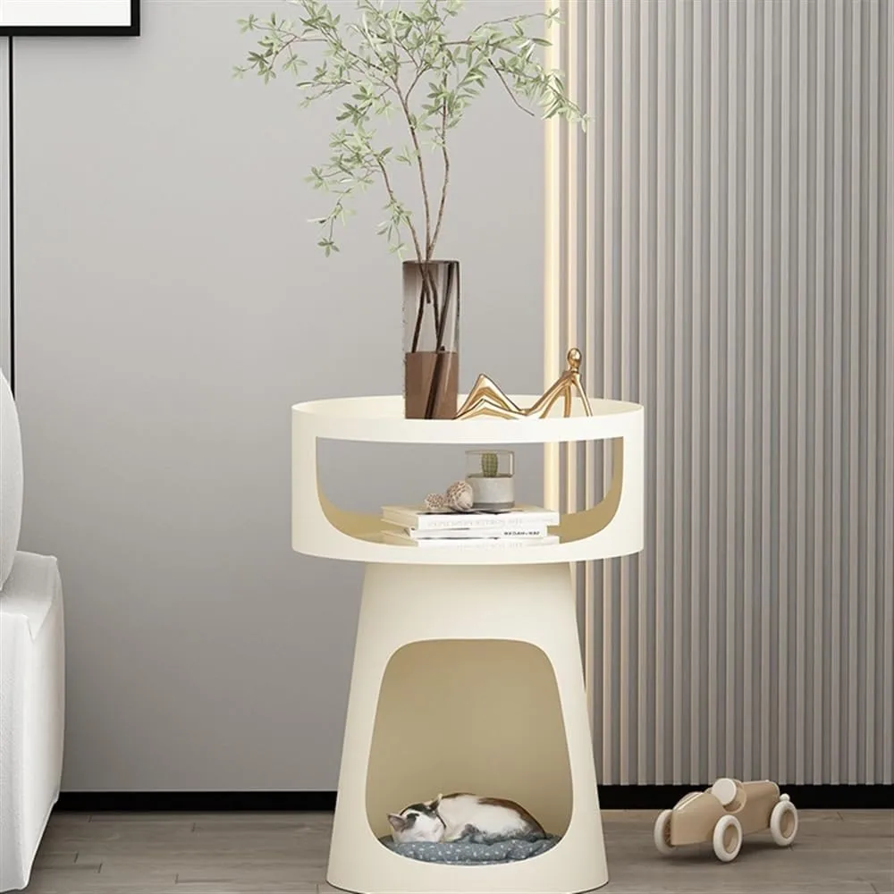 Coffee End Table Creative Metal Round Side Table Double-Layer Coffee Table, Balcony Sofa Table, Bedroom Nightstand, Pet Bed for Cats Side Table(White)