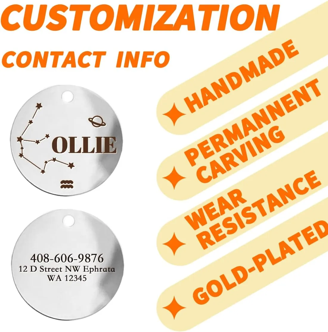 Constellation Dogs ID Tags Personalized Double Sided Deep Engraved Cat & Dog Collar Charm Round Shape Silver Plated Small