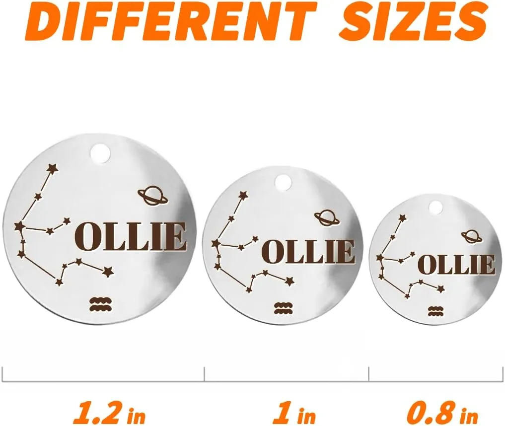 Constellation Dogs ID Tags Personalized Double Sided Deep Engraved Cat & Dog Collar Charm Round Shape Silver Plated Small