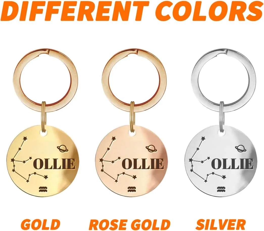 Constellation Dogs ID Tags Personalized Double Sided Deep Engraved Cat & Dog Collar Charm Round Shape Silver Plated Small