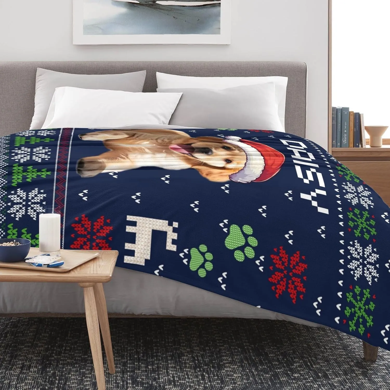 Custom Dog Blanket with Name Photo & Christmas Design, Personalized Fleece Throw, Xsmas Memorial Gift for Dog Lovers, 50" x 60