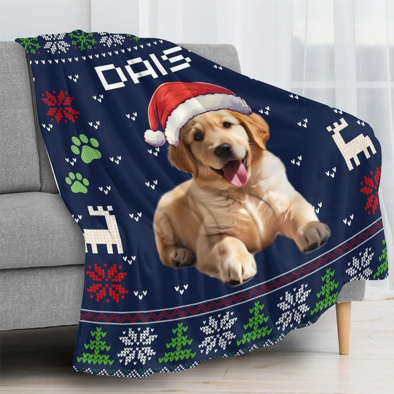 Custom Dog Blanket with Name Photo & Christmas Design, Personalized Fleece Throw, Xsmas Memorial Gift for Dog Lovers, 50" x 60