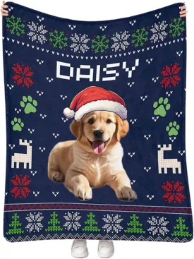 Custom Dog Blanket with Name Photo & Christmas Design, Personalized Fleece Throw, Xsmas Memorial Gift for Dog Lovers, 50" x 60