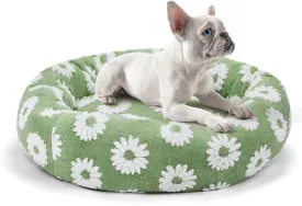 Donut Medium Dog Bed - 31 Inch Clam Shell Round Cuddler Pet Bed, Removable Washable Cover, Anti-Slip Bottom - Green Flower