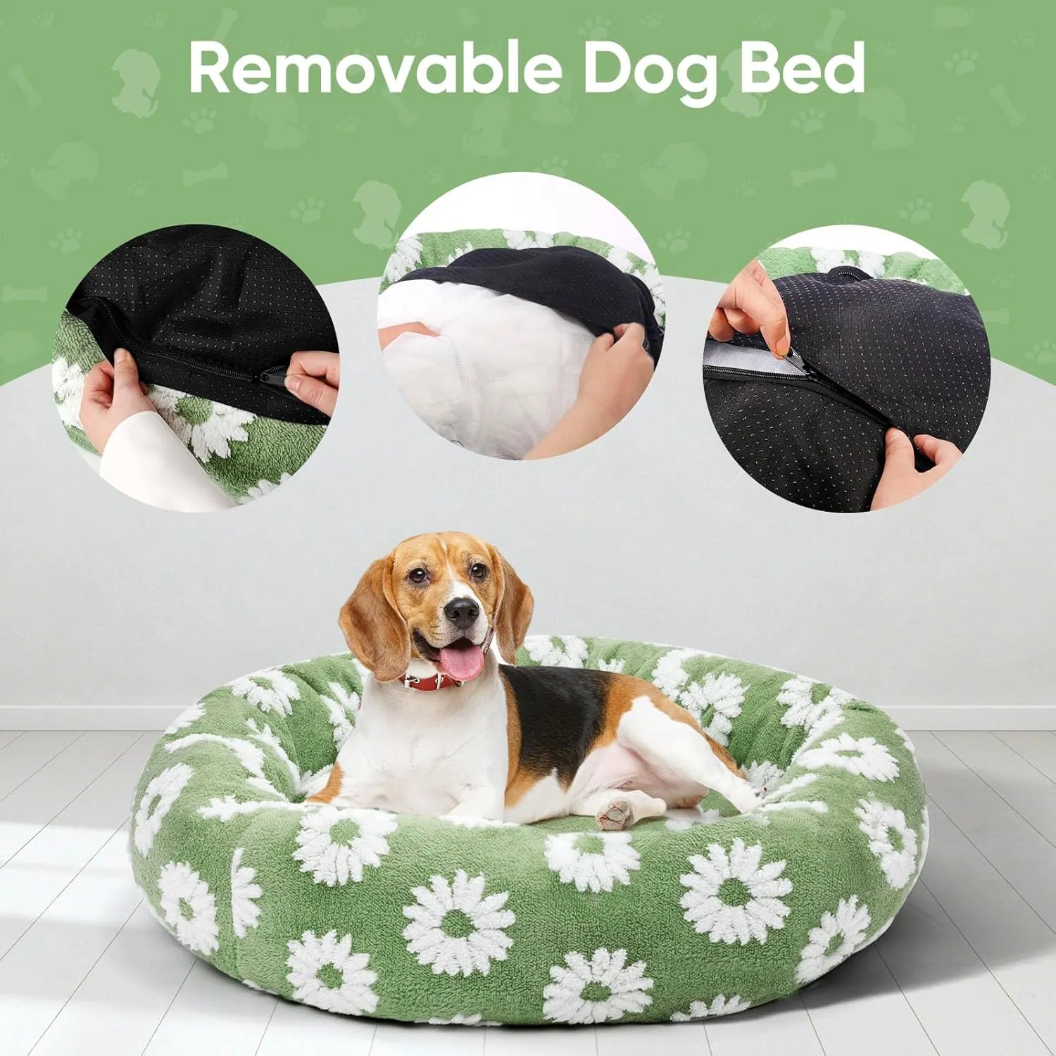 Donut Medium Dog Bed - 31 Inch Clam Shell Round Cuddler Pet Bed, Removable Washable Cover, Anti-Slip Bottom - Green Flower