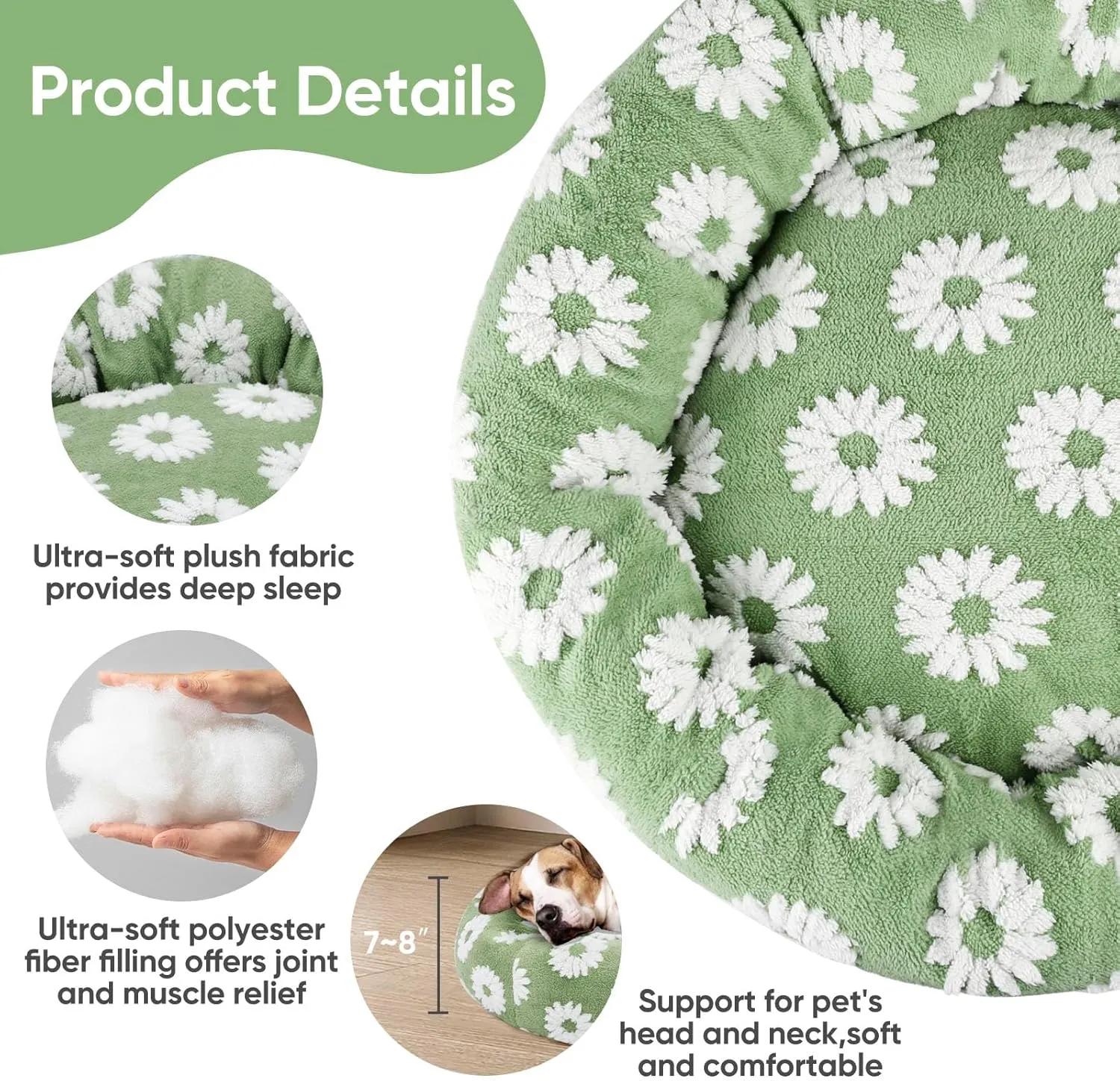 Donut Medium Dog Bed - 31 Inch Clam Shell Round Cuddler Pet Bed, Removable Washable Cover, Anti-Slip Bottom - Green Flower