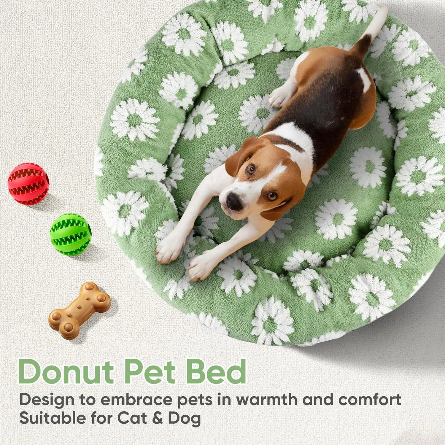 Donut Medium Dog Bed - 31 Inch Clam Shell Round Cuddler Pet Bed, Removable Washable Cover, Anti-Slip Bottom - Green Flower