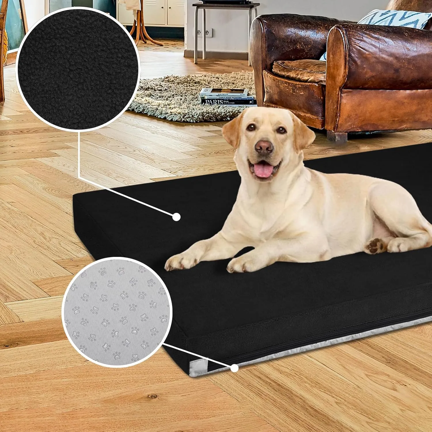 Easy-Going Dog Bed for Medium Dogs, 100% Waterproof Deluxe Plush Dog Bed with Non-Slip Bottom, Egg Crate Foam and Machine Washable Pet Bed Cover (30x20x3 in, Black)