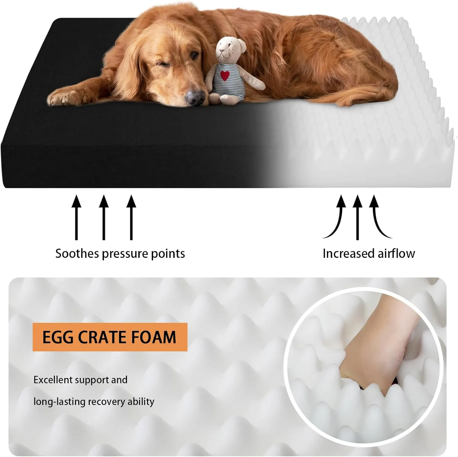 Easy-Going Dog Bed for Medium Dogs, 100% Waterproof Deluxe Plush Dog Bed with Non-Slip Bottom, Egg Crate Foam and Machine Washable Pet Bed Cover (30x20x3 in, Black)