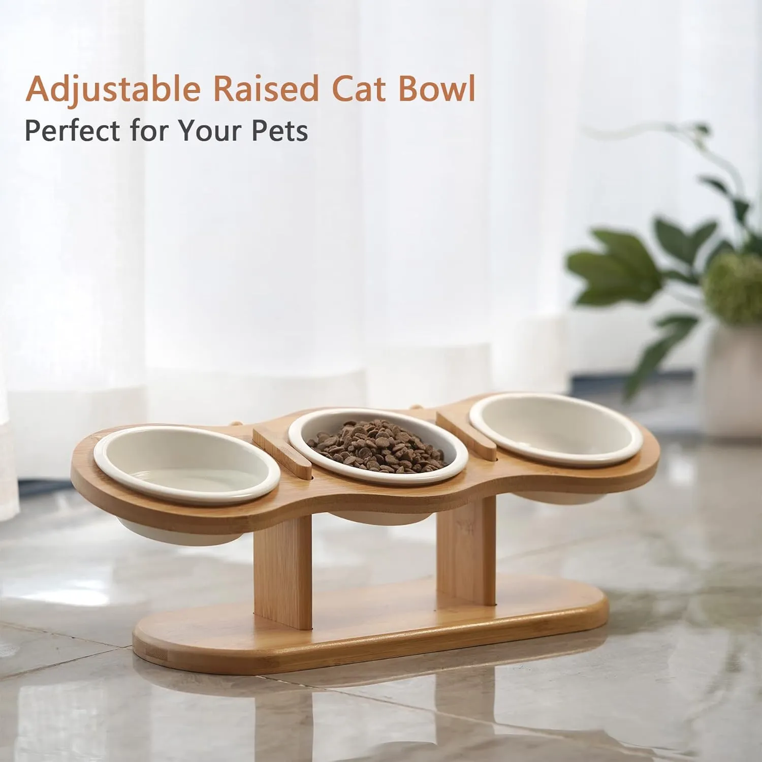 Elevated Cat Bowls, 2 Heights Adjustable Raised Dog Bowl Stand, 3 Ceramic Bowls for Cats and Small Dogs, 15 Tilted