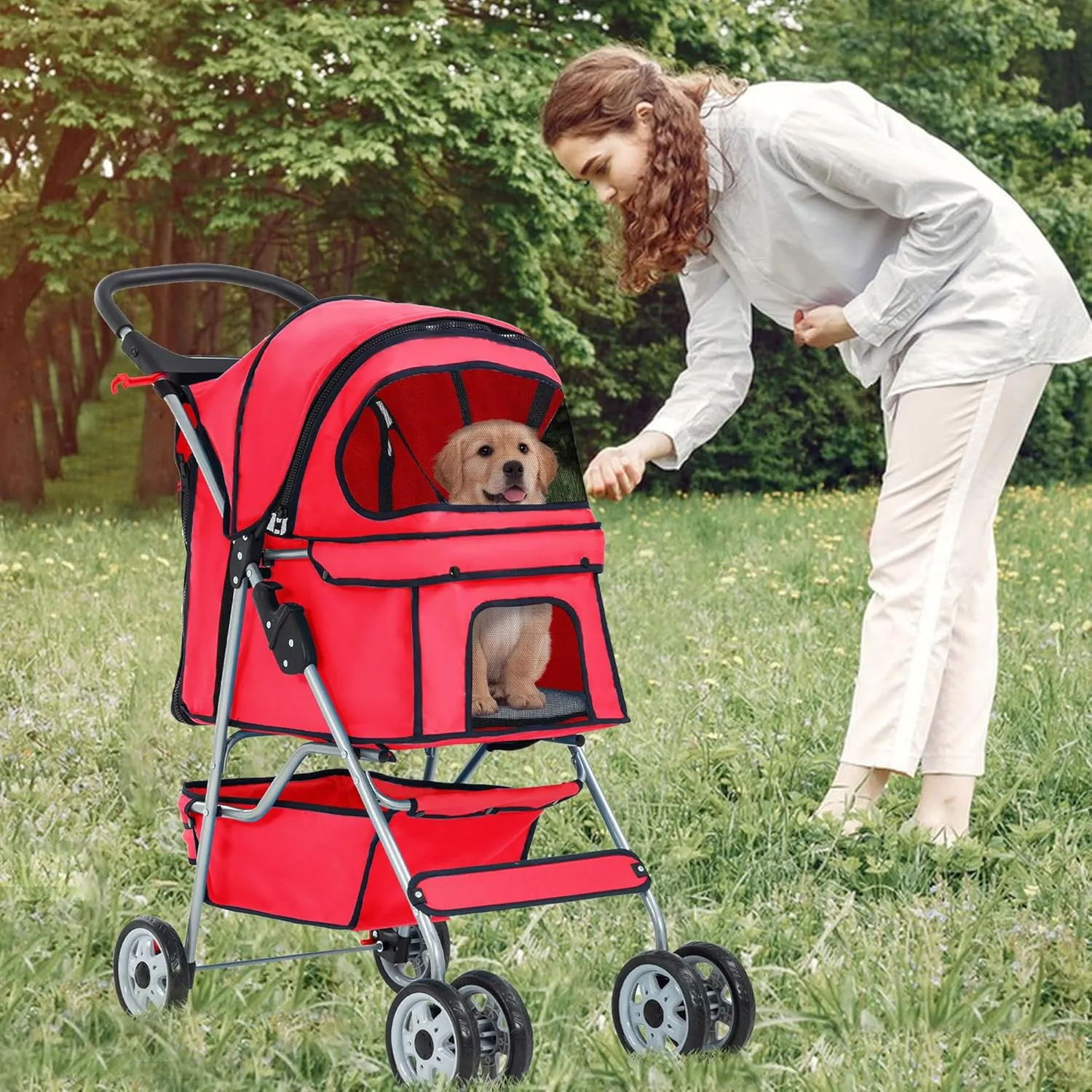 FDW Pet Stroller 4-Wheel Dog Cat Stroller Travel Folding Carrier Puppy Stroller with Cup Holder and Removable Liner for Small Medium Dogs Cats, Red