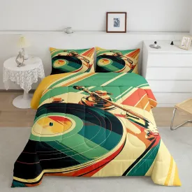 Feelyou 83s Retro Vinyl Record Bedding Set King Size Boys Music Notes Comforter Set Music Player Vintage Music Comforter Green Yellow Duvet Set Room Decor Quilt Set