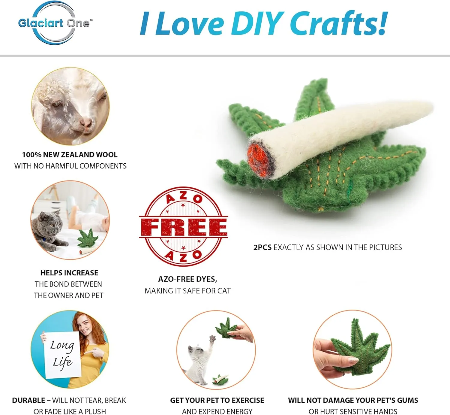 Glaciart One Catnip Joint & Leaf Cat Toy Set | Crack for Funny Kittens, Stimulating Toys for Boredom, Exercise & Play | Filled w/Organic Catnip to Excite/Calm Kitty | Organic Idea