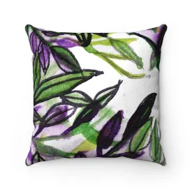 Green Tropical Leaf Pillow, Best Leaves Print Luxury Faux Suede Square Pillow - Made in USA