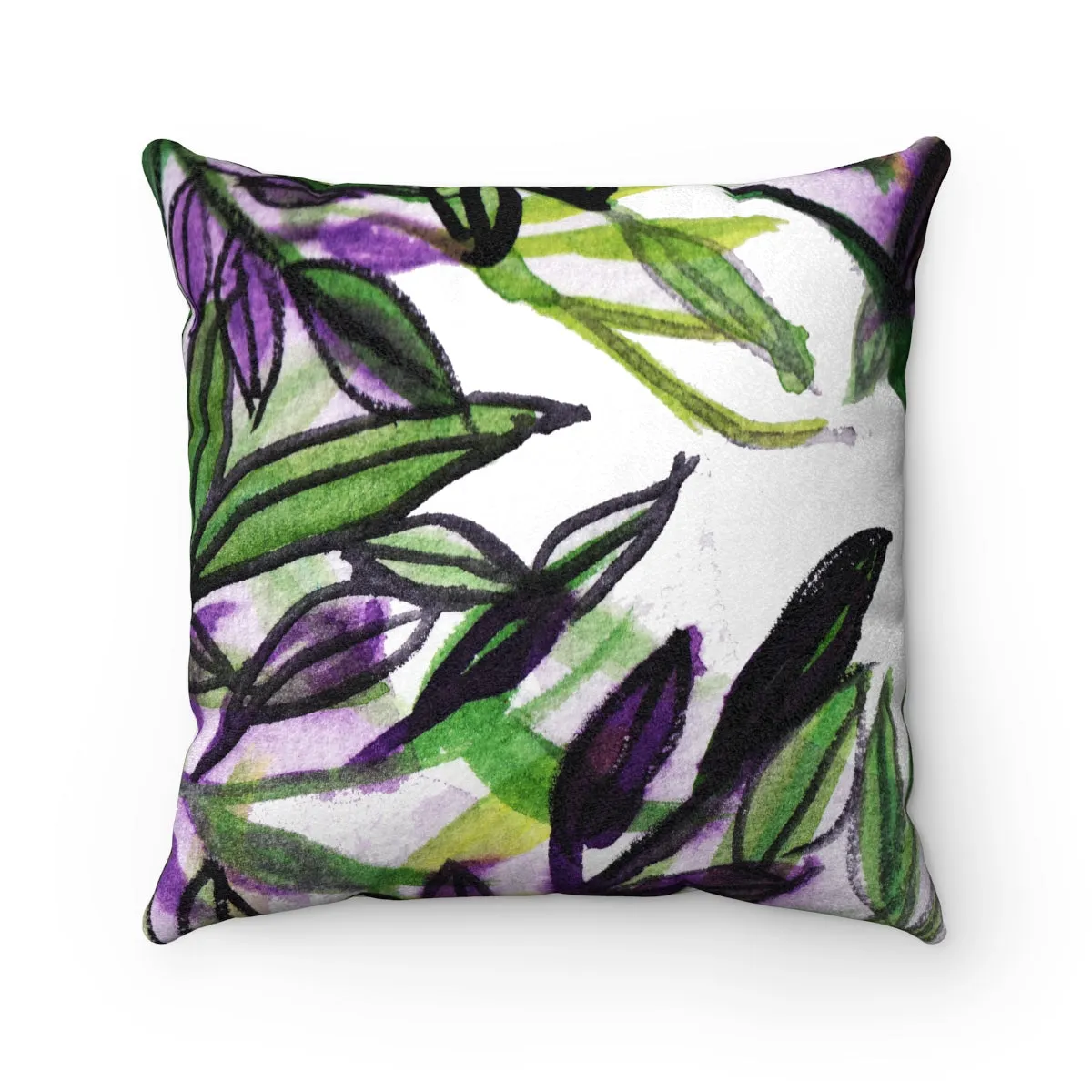 Green Tropical Leaf Pillow, Best Leaves Print Luxury Faux Suede Square Pillow - Made in USA