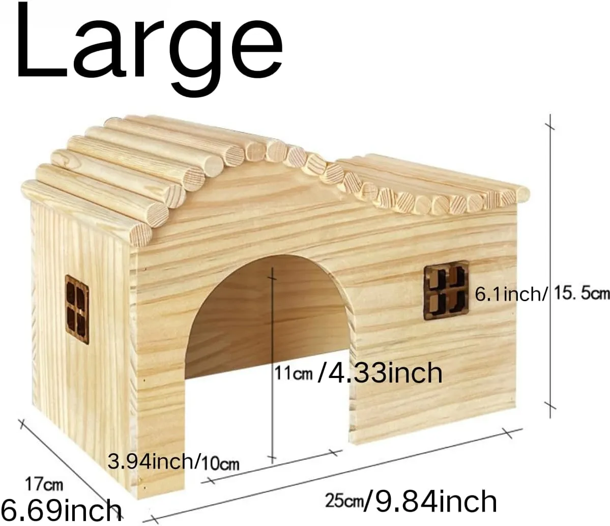 Guinea Pig Wood Hideout Hut with Window Small Animal Wooden House for Rat Chinchilla Hedgehog Hamster Rabbit Bunny (Large)