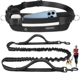 Hands Free Dog Leash with Zipper Pouch, Dual Padded Handle Waist Belt, Retractable Bungee Leash with Reflective Stictches for Small & Medium Dog Running Walking Jogging Training, Black