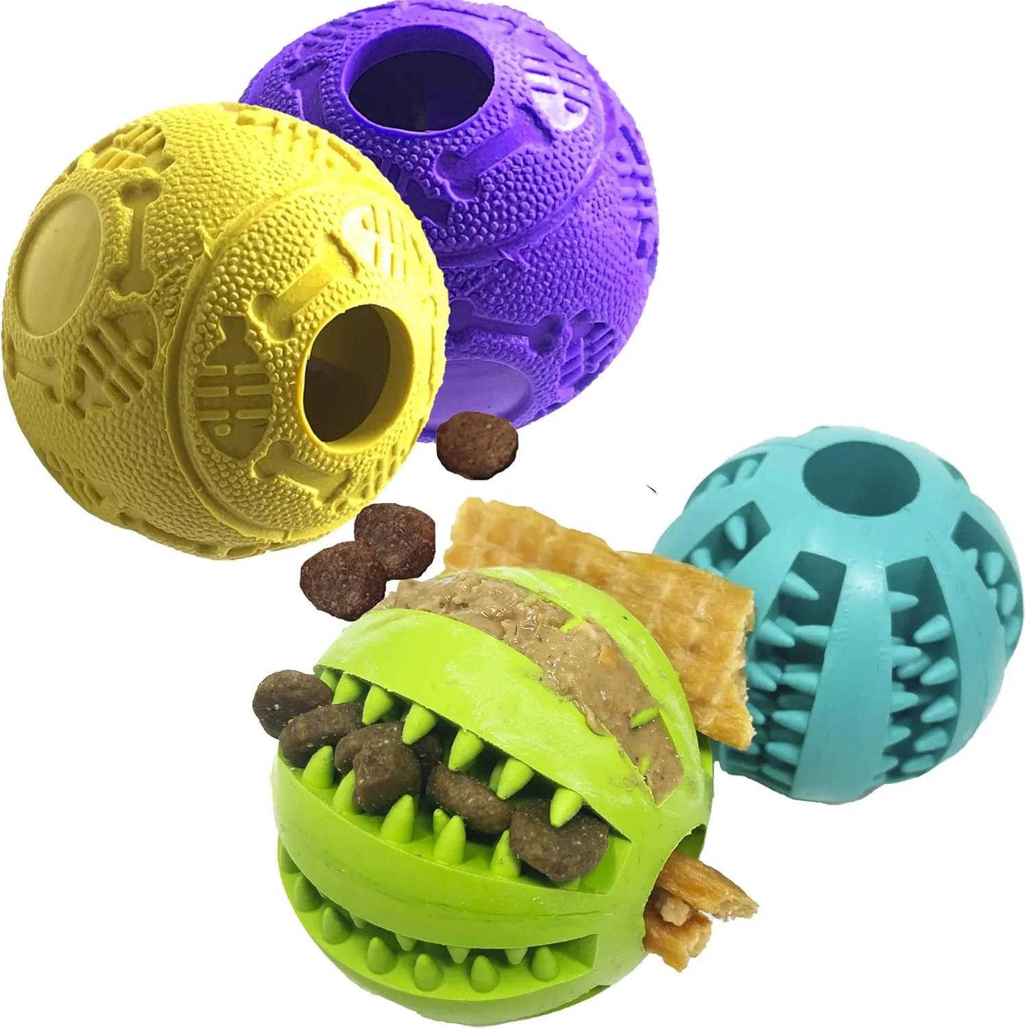 Jalousie Dog Puzzle Balls Dog Treat Dispensing Balls Non-Toxic Natural Rubber Dog Chew Toys for Puppy Pet Dog Teething Puzzle Playing Treat Dispenser Rope Balls (Small - 4 Pack)