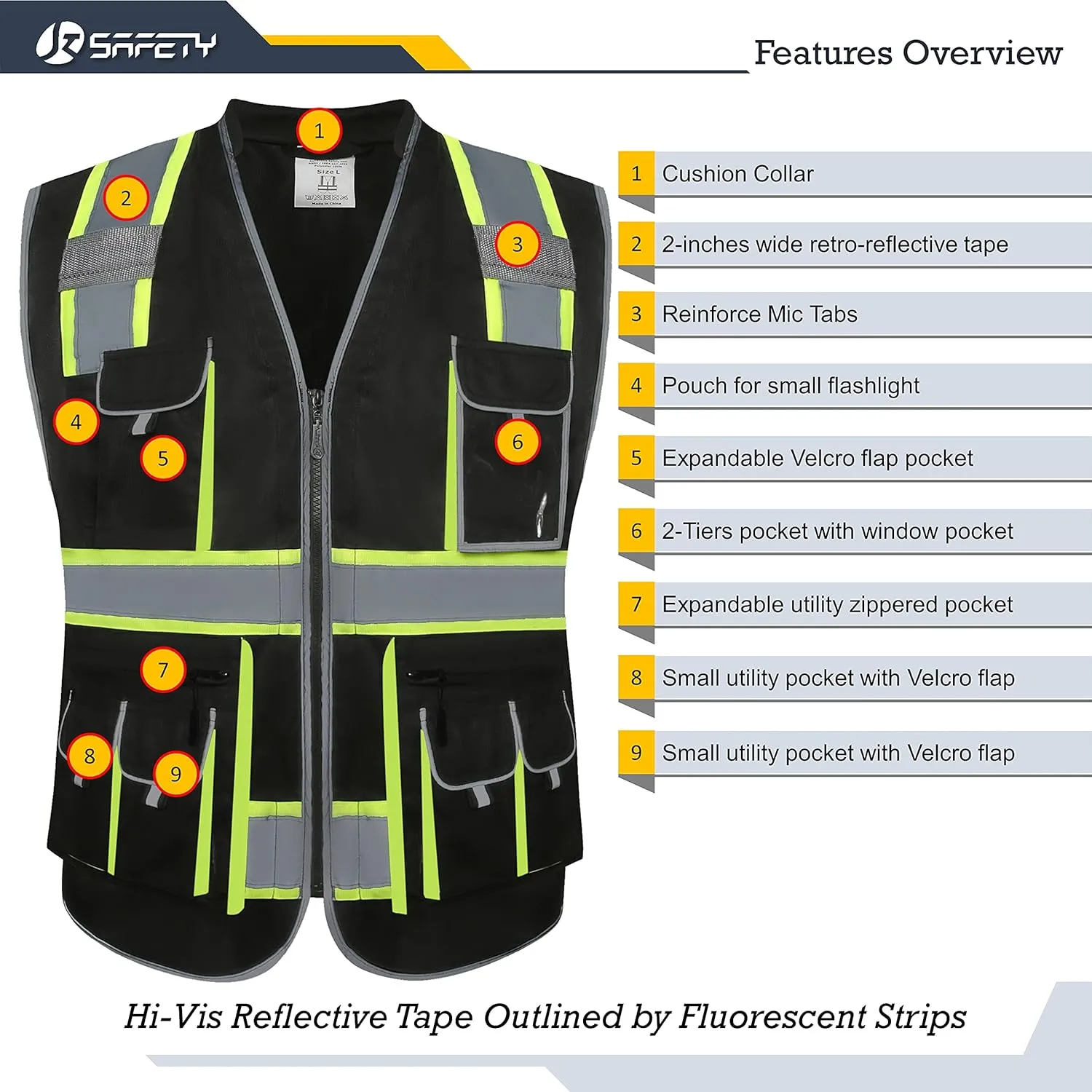 JKSafety 10 Pockets Hi-Vis Zipper Front Black Safety Vest | Cushioned Collar | High Reflective Tapes with Extended Neon Yellow Strips | Meets ANSI/ISEA Standards (5X-Large, 89-Black)