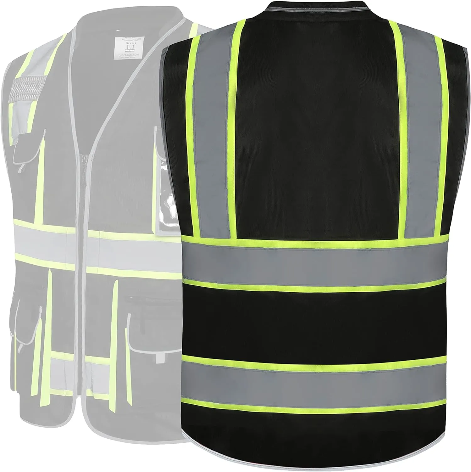 JKSafety 10 Pockets Hi-Vis Zipper Front Black Safety Vest | Cushioned Collar | High Reflective Tapes with Extended Neon Yellow Strips | Meets ANSI/ISEA Standards (5X-Large, 89-Black)