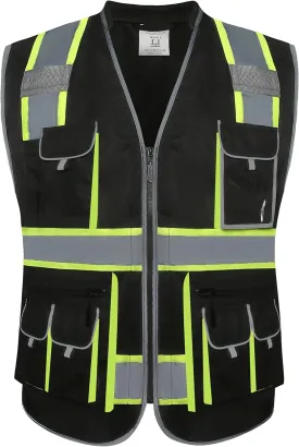 JKSafety 10 Pockets Hi-Vis Zipper Front Black Safety Vest | Cushioned Collar | High Reflective Tapes with Extended Neon Yellow Strips | Meets ANSI/ISEA Standards (5X-Large, 89-Black)