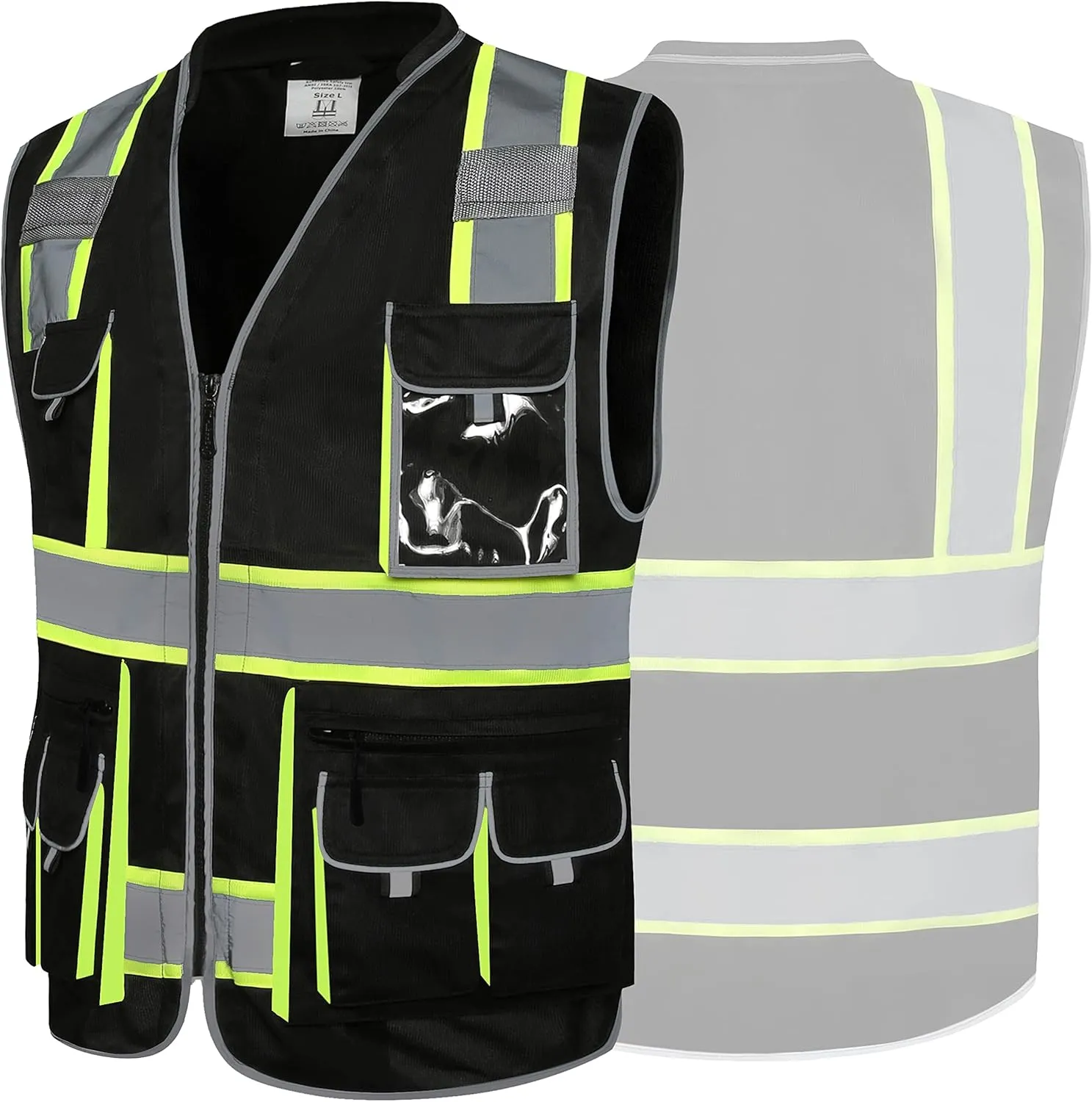 JKSafety 10 Pockets Hi-Vis Zipper Front Black Safety Vest | Cushioned Collar | High Reflective Tapes with Extended Neon Yellow Strips | Meets ANSI/ISEA Standards (5X-Large, 89-Black)