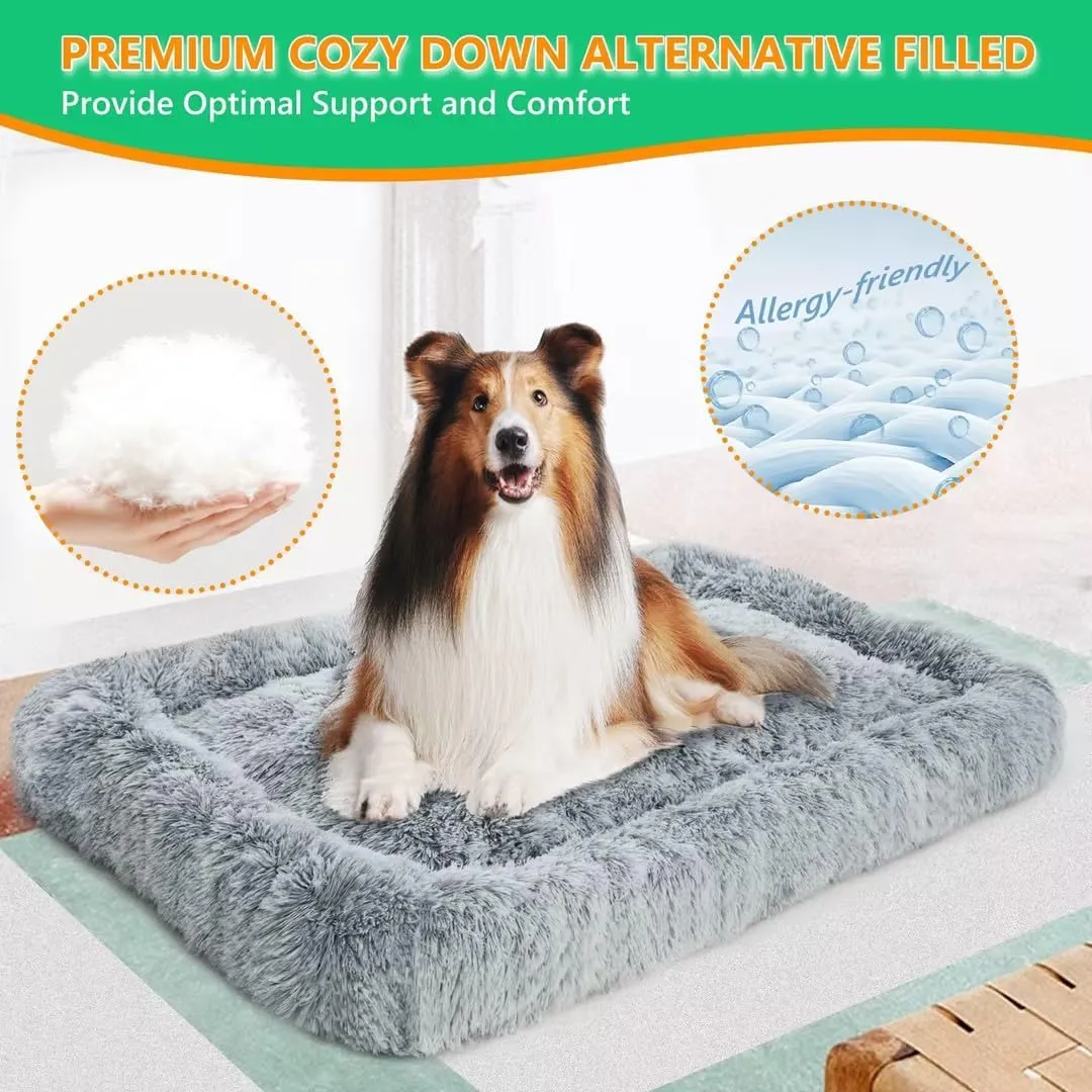 KISYYO Deluxe Dog Bed Mat for Extra Large Dogs Fluffy Cozy Kennel Pad Washable Dog Crate Mat 42 inch with Pillow Edge Design