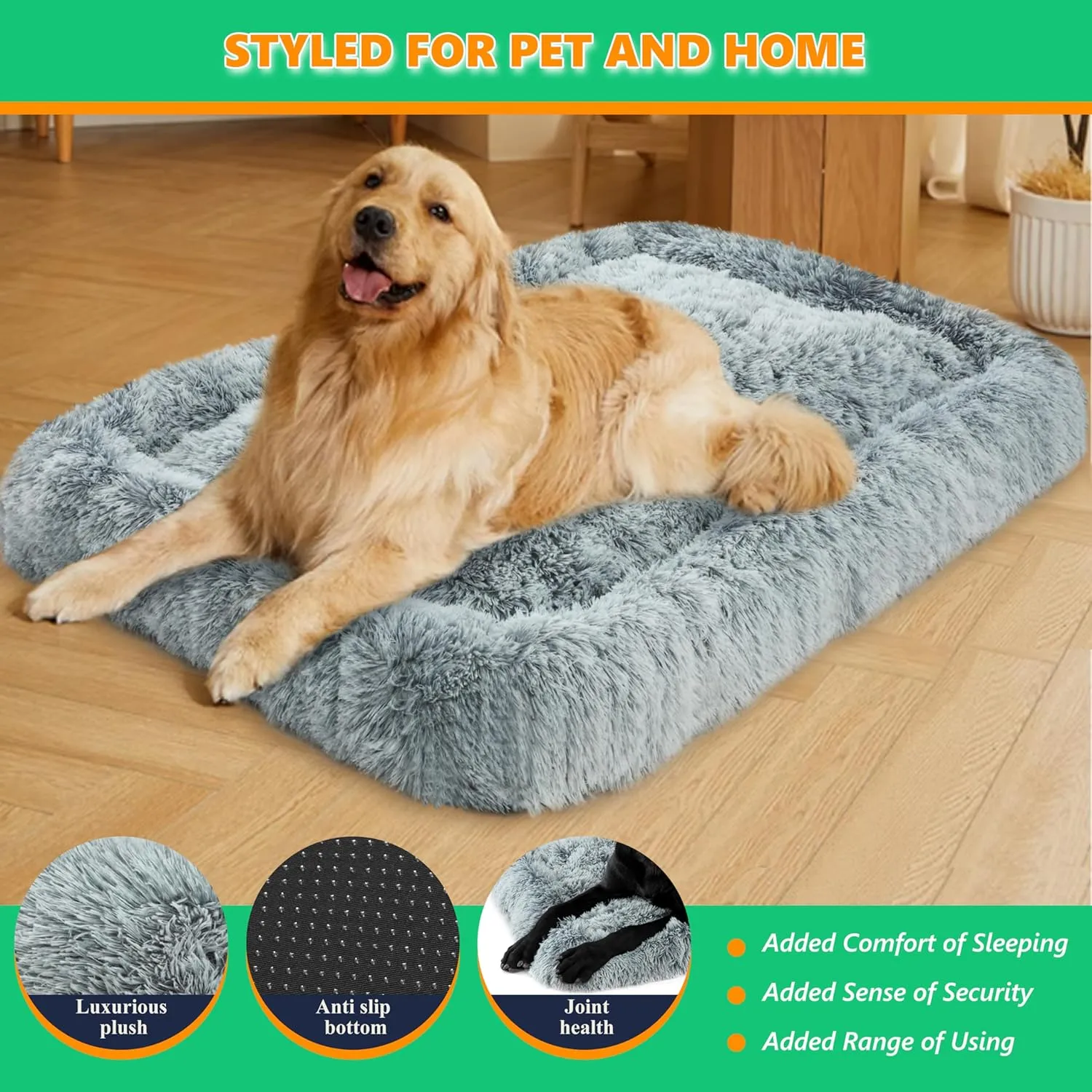 KISYYO Deluxe Dog Bed Mat for Extra Large Dogs Fluffy Cozy Kennel Pad Washable Dog Crate Mat 42 inch with Pillow Edge Design