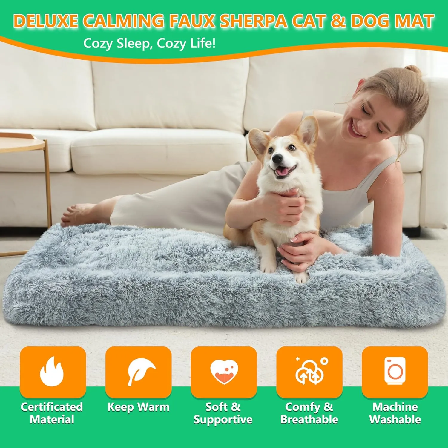 KISYYO Deluxe Dog Bed Mat for Extra Large Dogs Fluffy Cozy Kennel Pad Washable Dog Crate Mat 42 inch with Pillow Edge Design