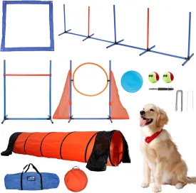 LotFun Dog Agility Training Equipment, Dog Outdoor Game Set with Tunnel, Agility Hurdle, Weave Poles, Jump Ring, Pause Box, Toy Balls and Storage Bag, Perfect Obstacle Course Backyard Set