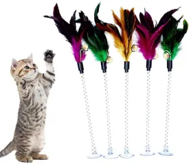 MAIYU Cat Teaser Wand (5 Pack), Metal Wire Spring Cat Toy with Feather and Bell Sucker Cat Teaser Rod Interactive Cat Tease Toys