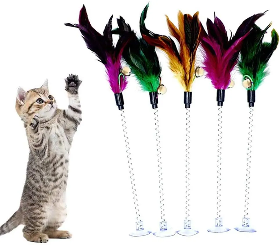 MAIYU Cat Teaser Wand (5 Pack), Metal Wire Spring Cat Toy with Feather and Bell Sucker Cat Teaser Rod Interactive Cat Tease Toys
