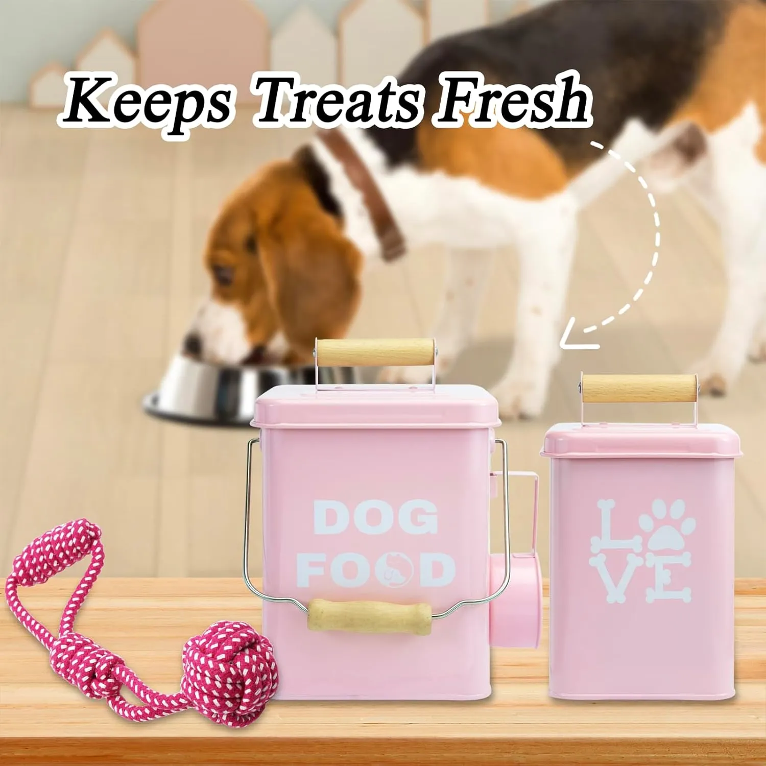 Metal Dog Treat Container Set of 2-9.5x5.9In & 8.6x5In Pink Dog Treat Jars with Airtight Lids, Includes Scoop & Dog Toy - Pet Treat Canister, Dog Cookie Jar, Treat Storage for Kitchen Counter