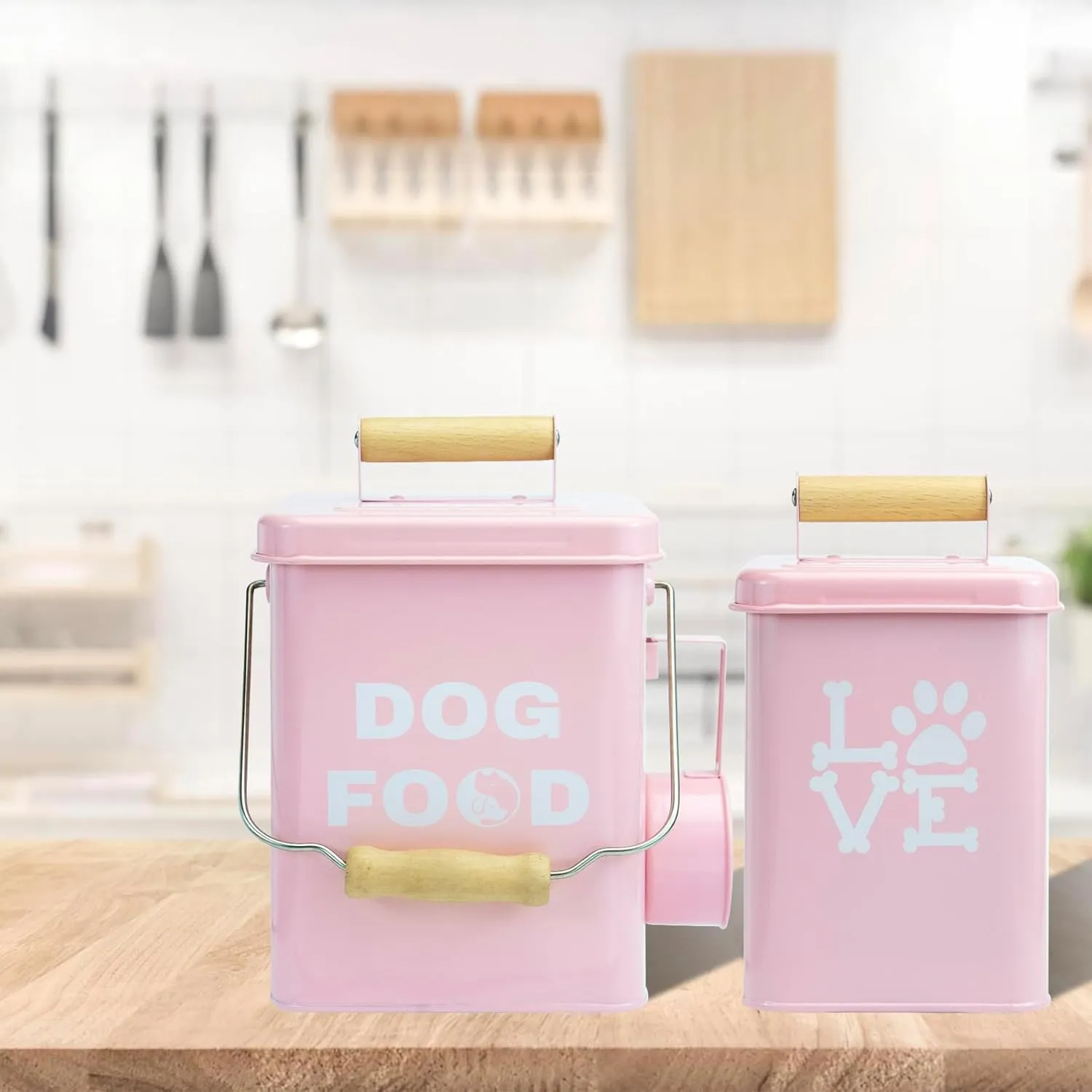 Metal Dog Treat Container Set of 2-9.5x5.9In & 8.6x5In Pink Dog Treat Jars with Airtight Lids, Includes Scoop & Dog Toy - Pet Treat Canister, Dog Cookie Jar, Treat Storage for Kitchen Counter