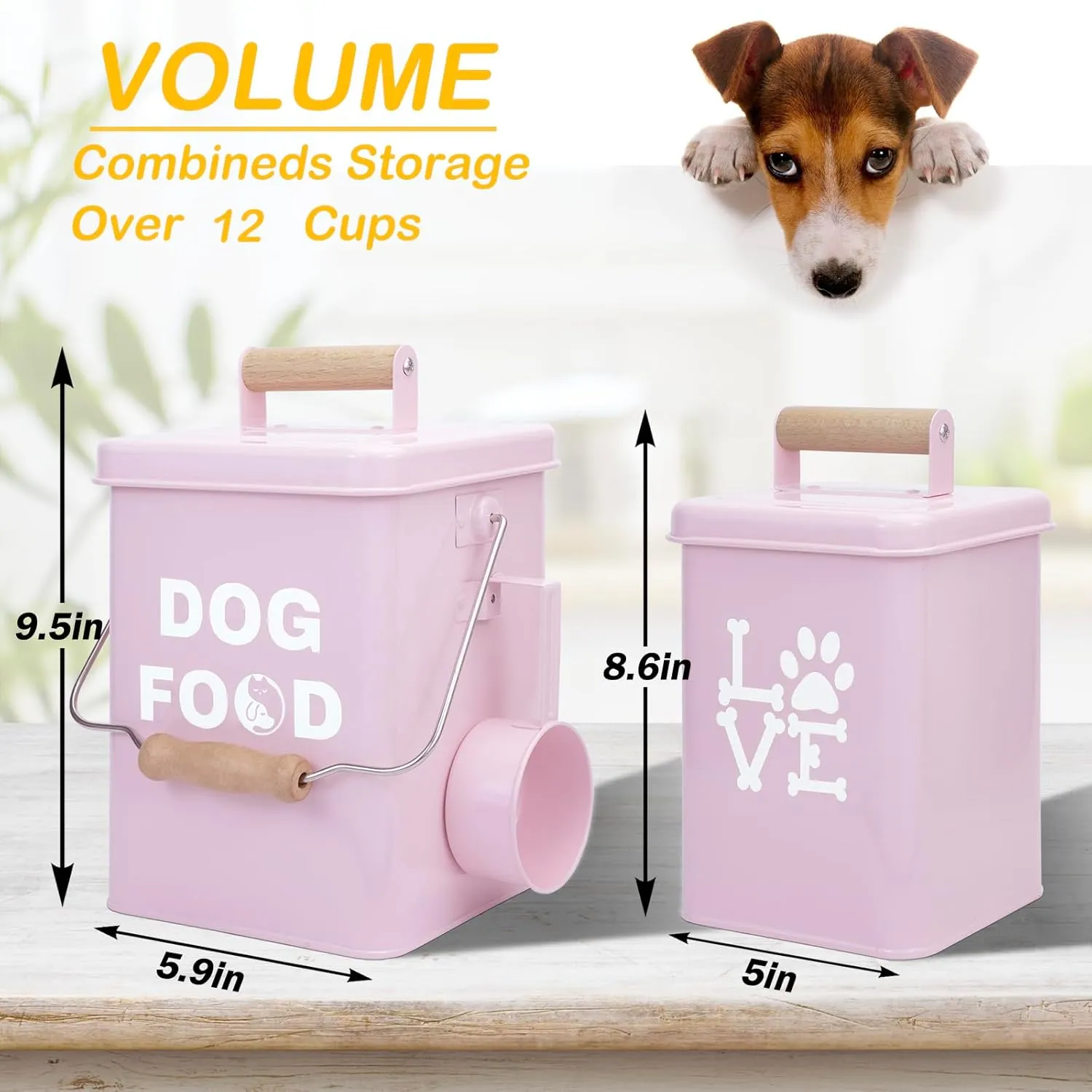Metal Dog Treat Container Set of 2-9.5x5.9In & 8.6x5In Pink Dog Treat Jars with Airtight Lids, Includes Scoop & Dog Toy - Pet Treat Canister, Dog Cookie Jar, Treat Storage for Kitchen Counter