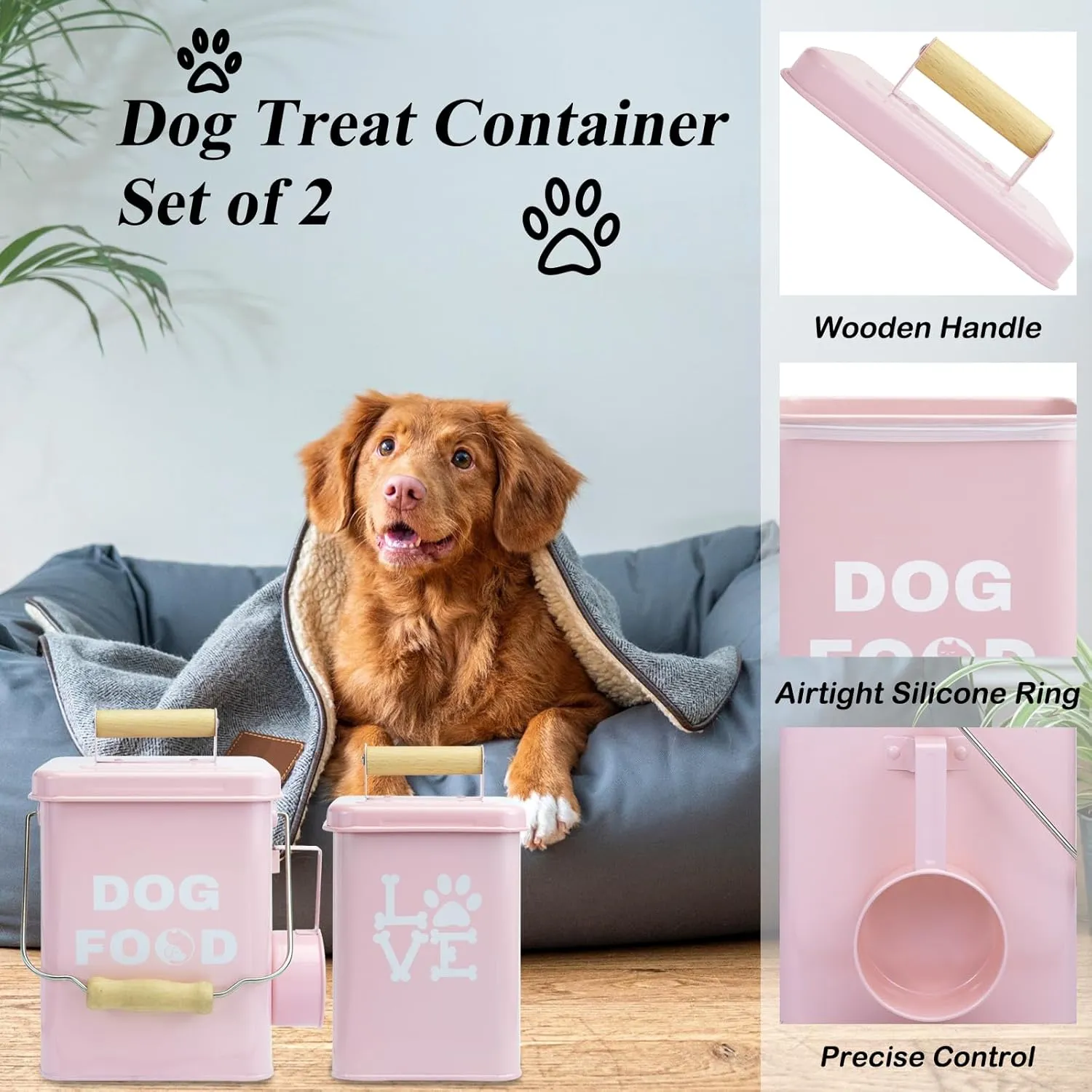 Metal Dog Treat Container Set of 2-9.5x5.9In & 8.6x5In Pink Dog Treat Jars with Airtight Lids, Includes Scoop & Dog Toy - Pet Treat Canister, Dog Cookie Jar, Treat Storage for Kitchen Counter